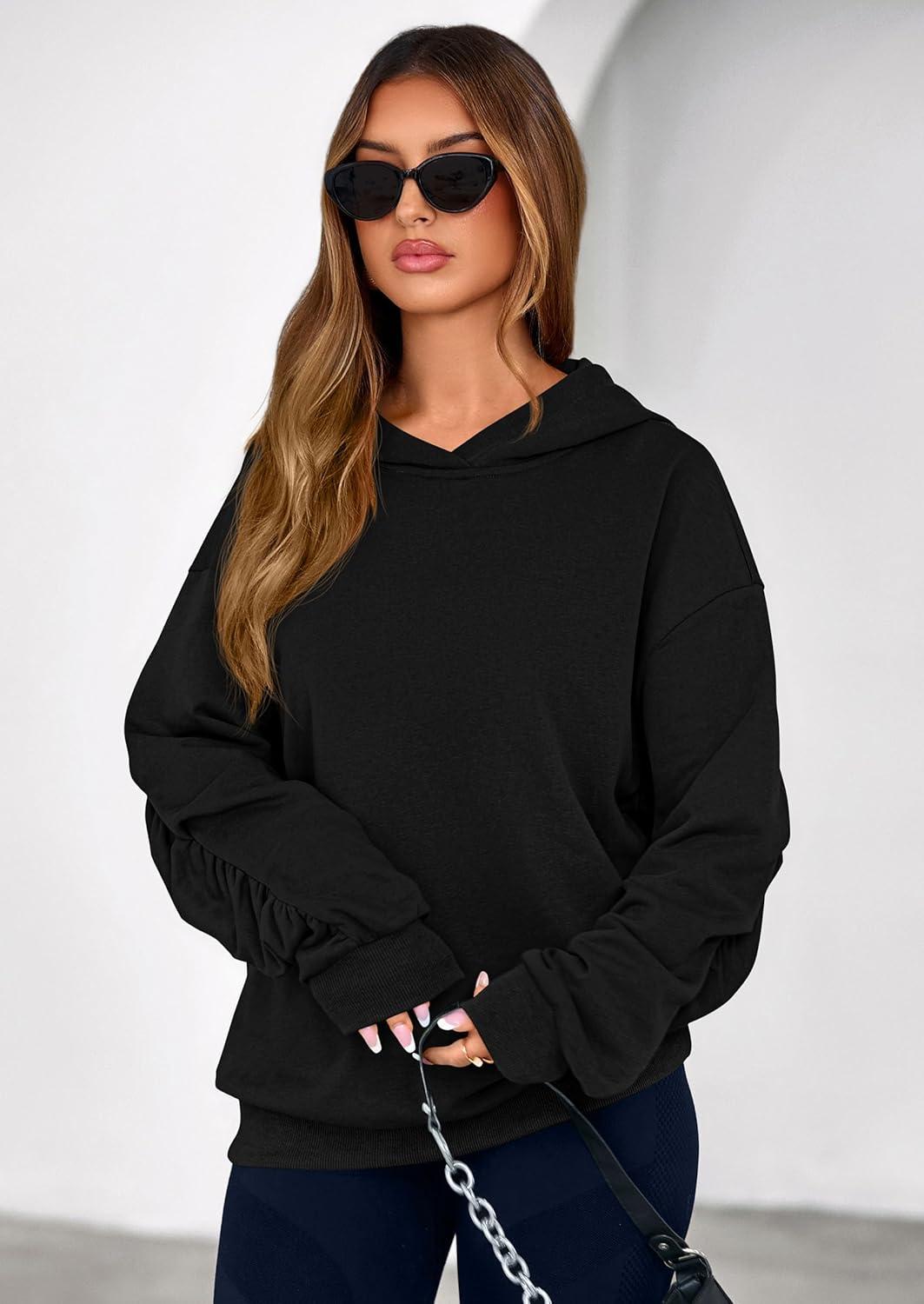 imagePRETTYGARDEN Hoodies for Women Oversized Pullover Sweatshirts Ruched Long Sleeve Casual Tops Spring Fall Fashion Y2K ClothesBlack