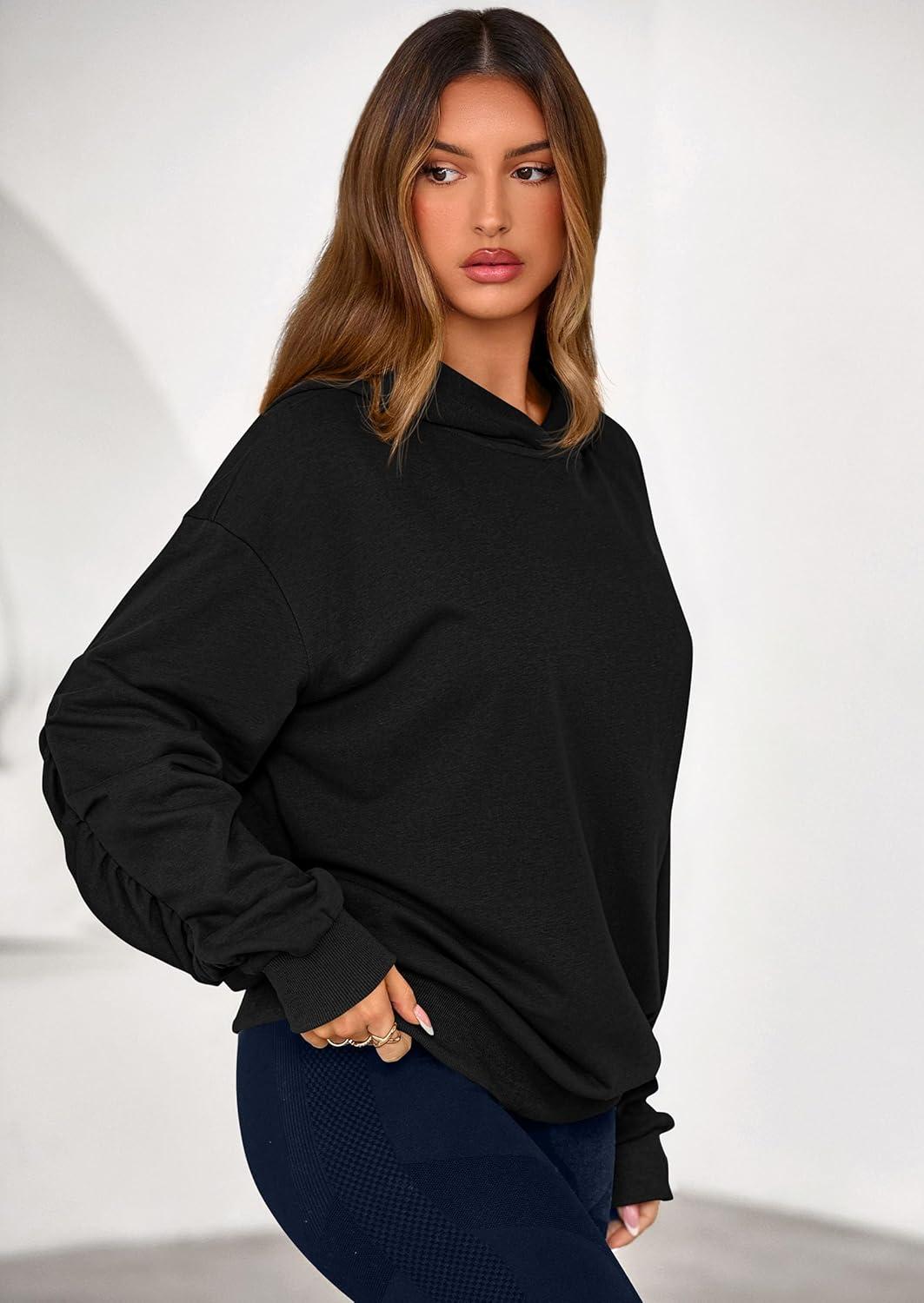 imagePRETTYGARDEN Hoodies for Women Oversized Pullover Sweatshirts Ruched Long Sleeve Casual Tops Spring Fall Fashion Y2K ClothesBlack
