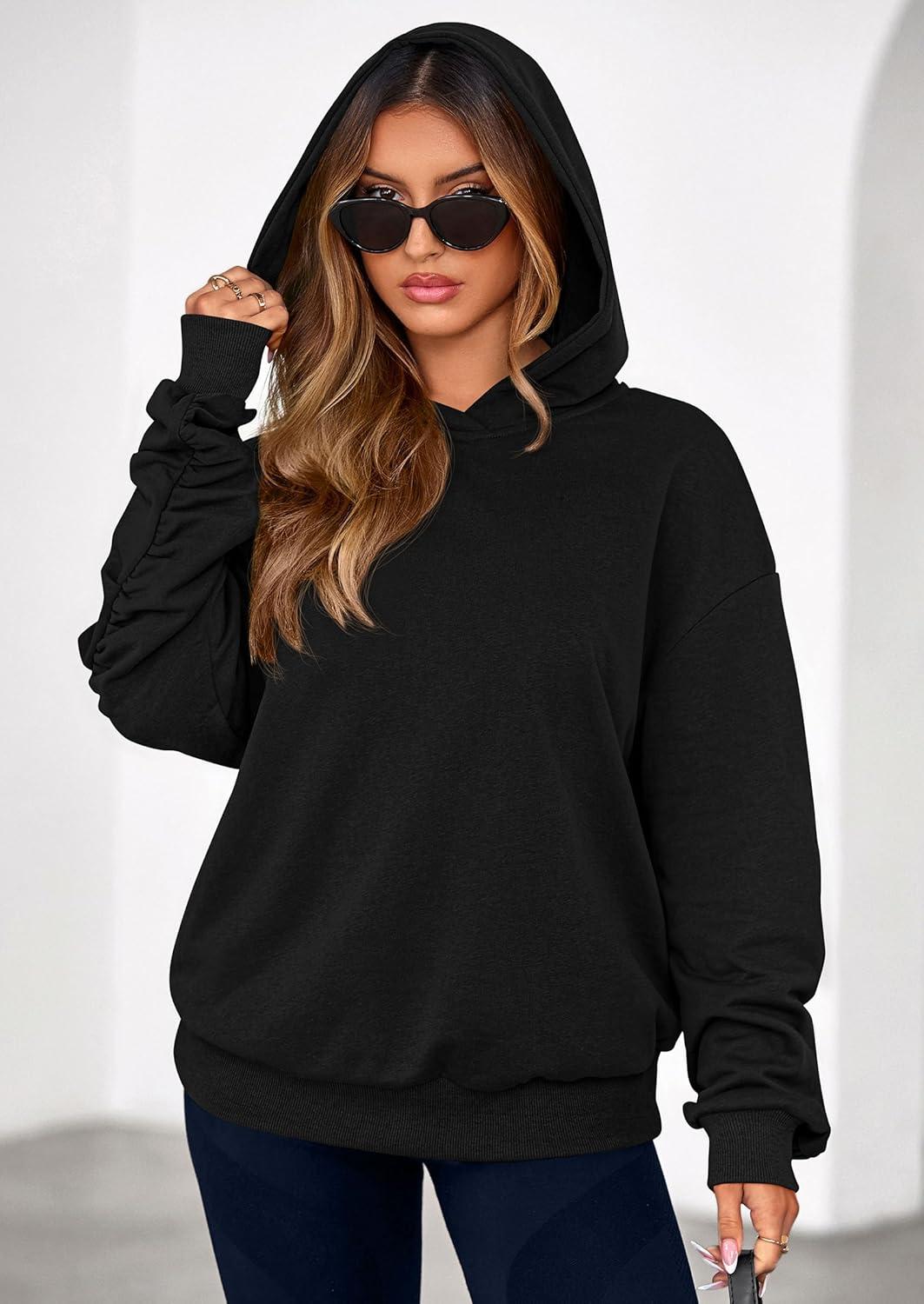 imagePRETTYGARDEN Hoodies for Women Oversized Pullover Sweatshirts Ruched Long Sleeve Casual Tops Spring Fall Fashion Y2K ClothesBlack