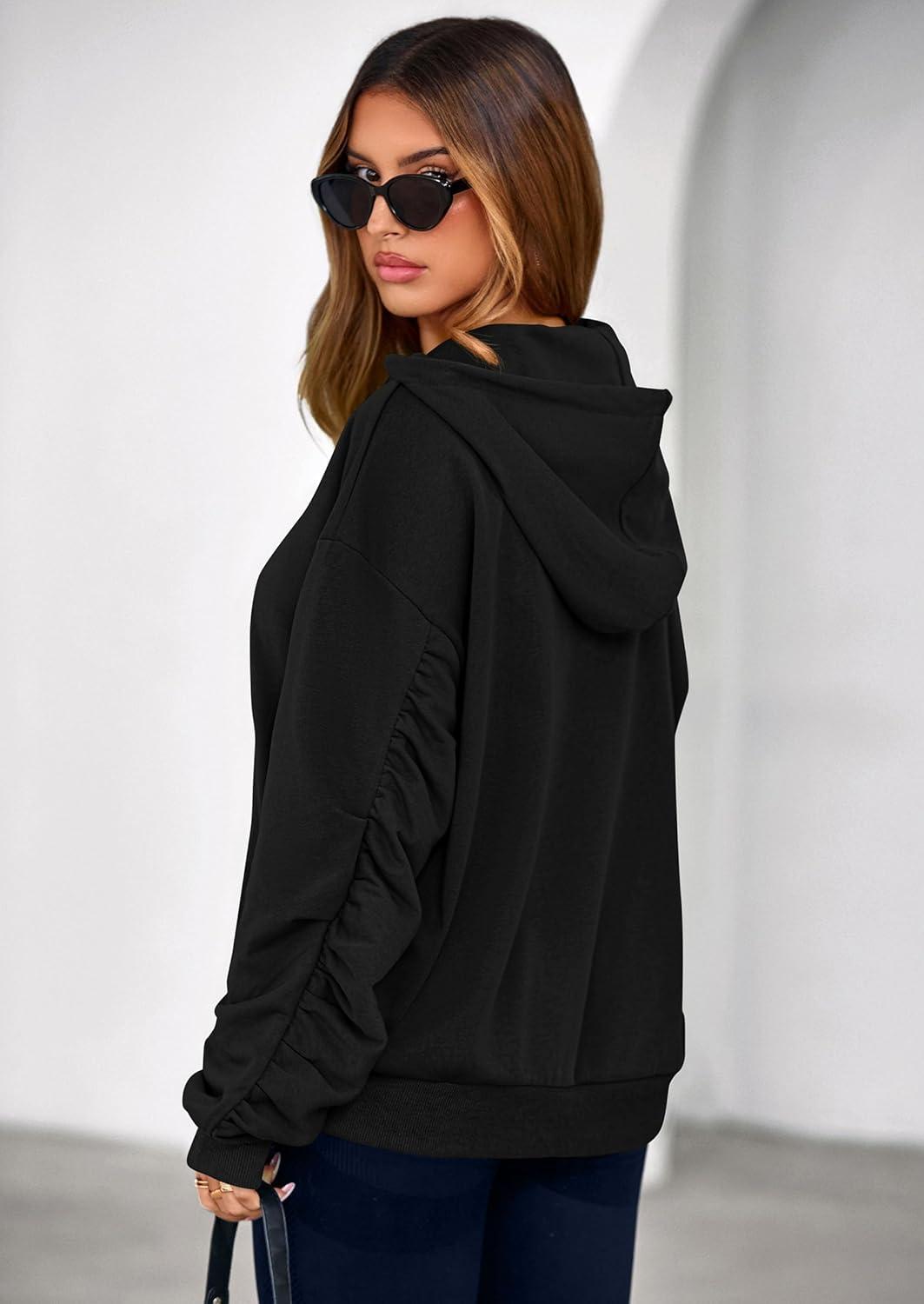 imagePRETTYGARDEN Hoodies for Women Oversized Pullover Sweatshirts Ruched Long Sleeve Casual Tops Spring Fall Fashion Y2K ClothesBlack