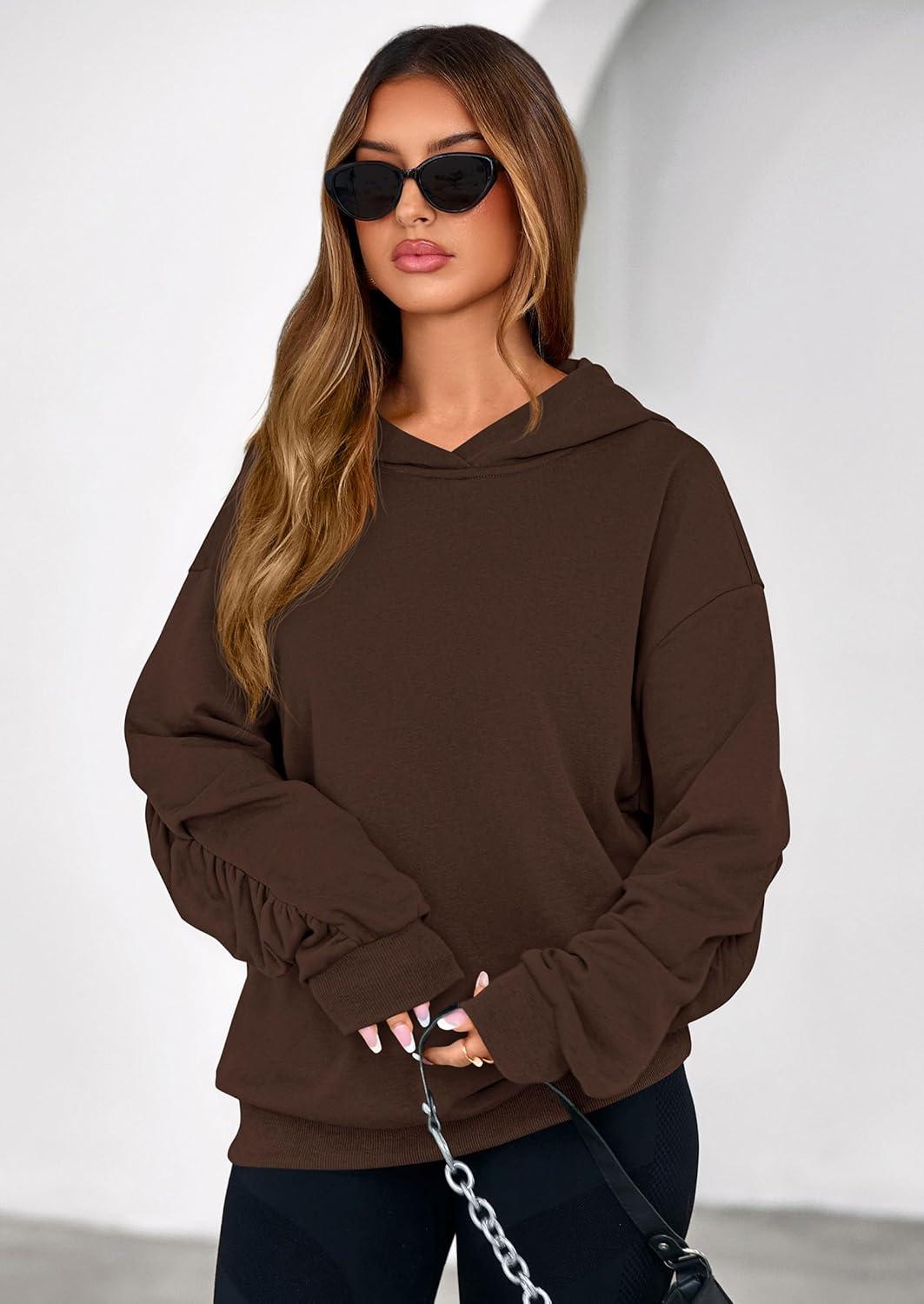 imagePRETTYGARDEN Hoodies for Women Oversized Pullover Sweatshirts Ruched Long Sleeve Casual Tops Spring Fall Fashion Y2K ClothesBrown