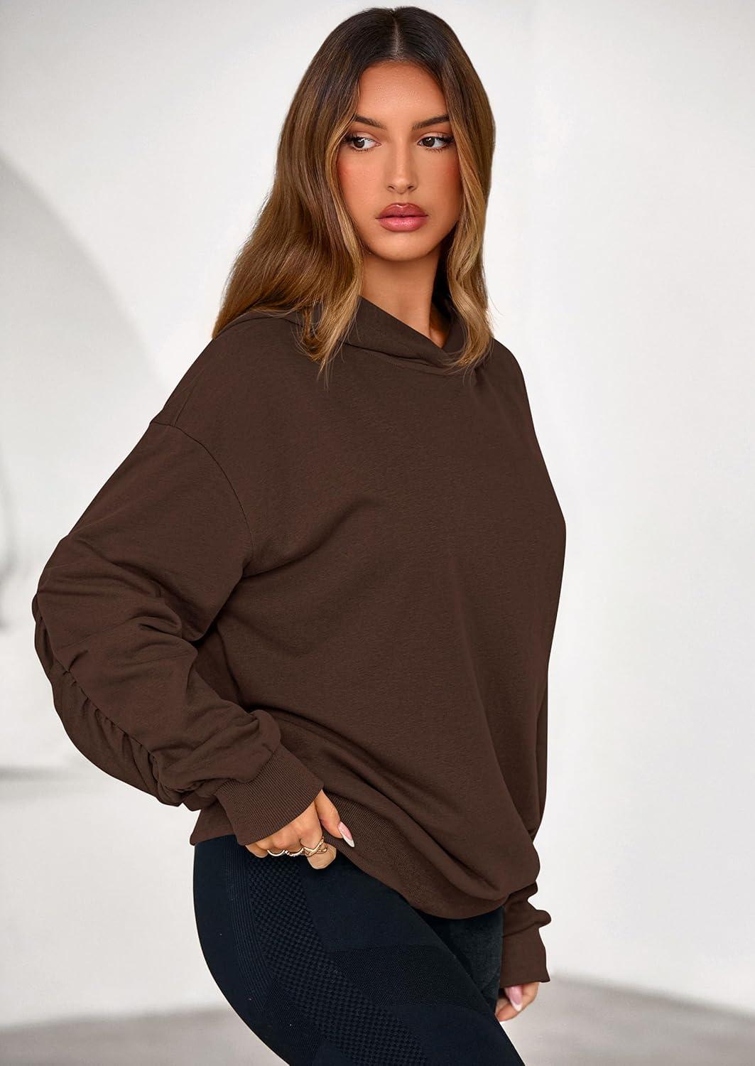 imagePRETTYGARDEN Hoodies for Women Oversized Pullover Sweatshirts Ruched Long Sleeve Casual Tops Spring Fall Fashion Y2K ClothesBrown