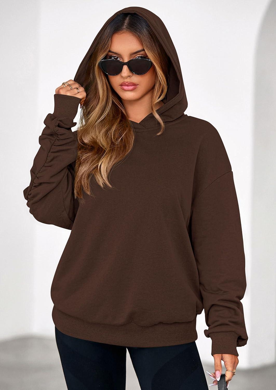 imagePRETTYGARDEN Hoodies for Women Oversized Pullover Sweatshirts Ruched Long Sleeve Casual Tops Spring Fall Fashion Y2K ClothesBrown