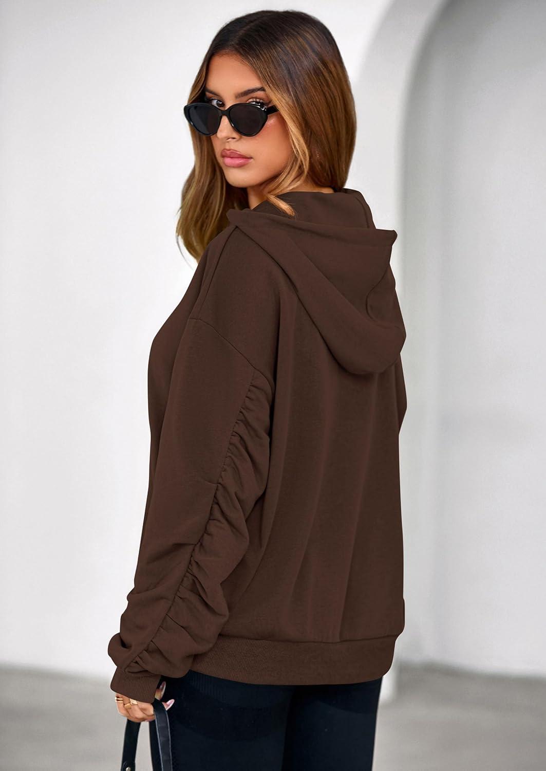 imagePRETTYGARDEN Hoodies for Women Oversized Pullover Sweatshirts Ruched Long Sleeve Casual Tops Spring Fall Fashion Y2K ClothesBrown