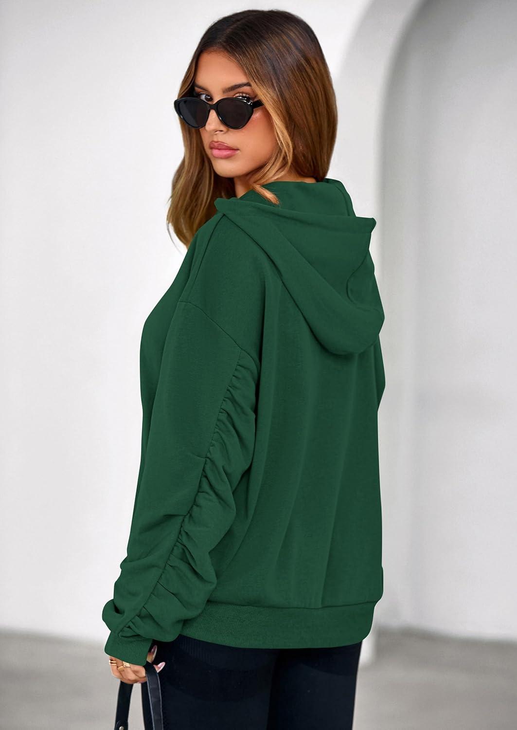 imagePRETTYGARDEN Hoodies for Women Oversized Pullover Sweatshirts Ruched Long Sleeve Casual Tops Spring Fall Fashion Y2K ClothesDark Green