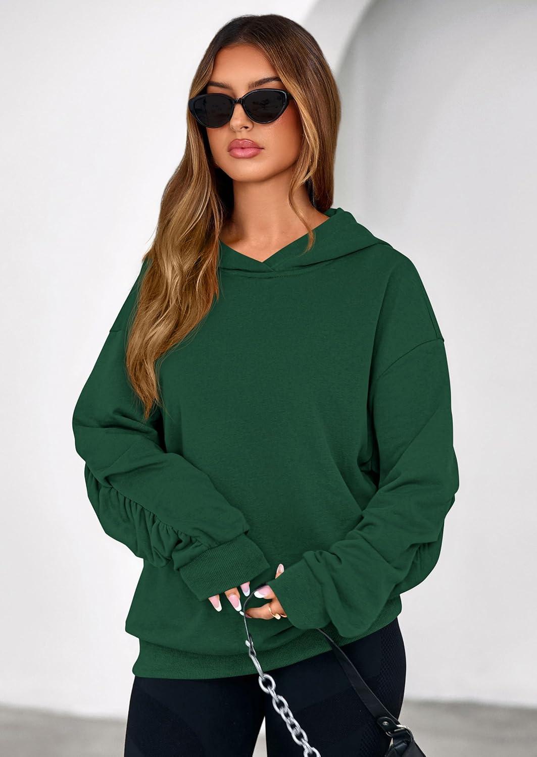 imagePRETTYGARDEN Hoodies for Women Oversized Pullover Sweatshirts Ruched Long Sleeve Casual Tops Spring Fall Fashion Y2K ClothesDark Green