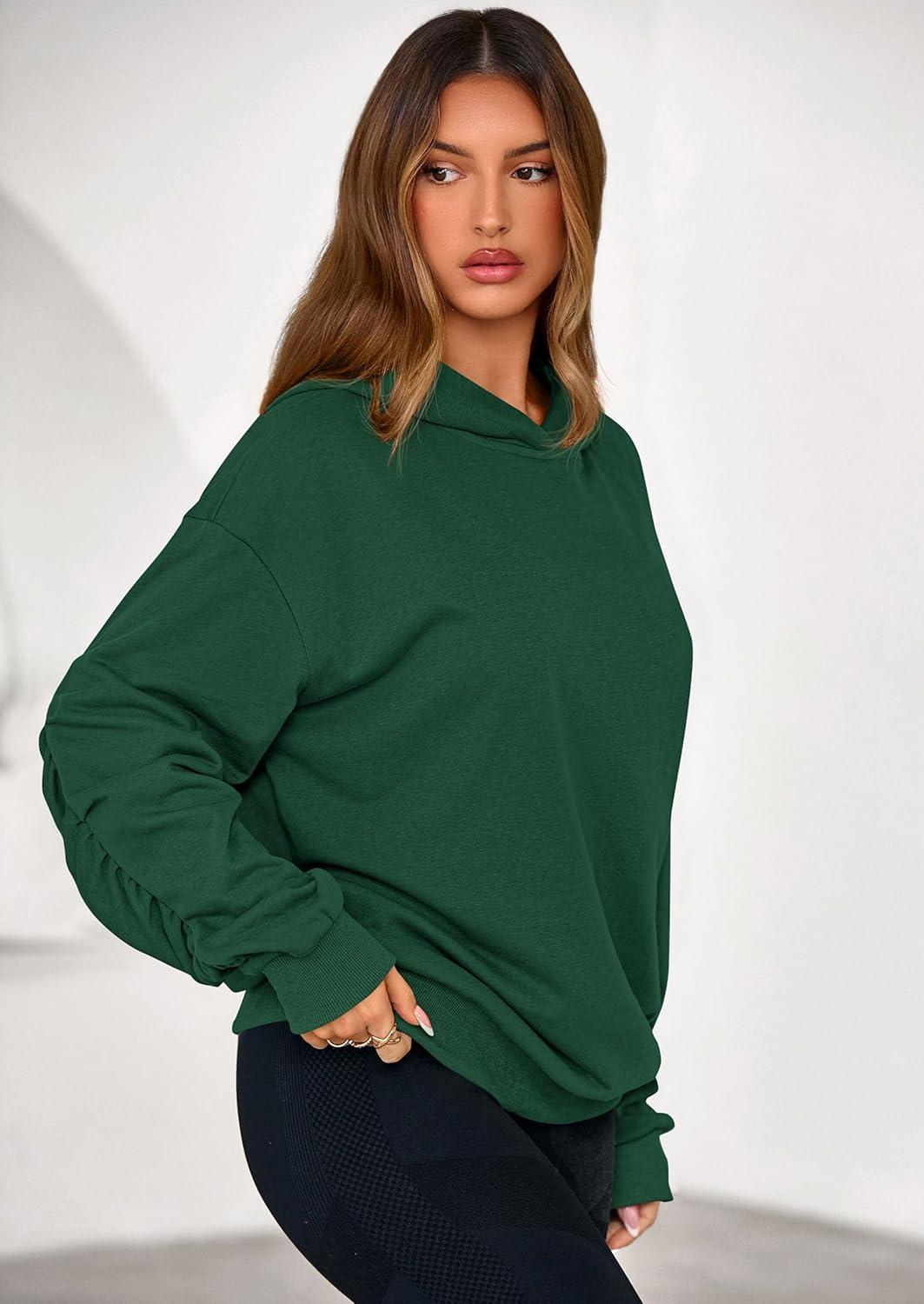 imagePRETTYGARDEN Hoodies for Women Oversized Pullover Sweatshirts Ruched Long Sleeve Casual Tops Spring Fall Fashion Y2K ClothesDark Green