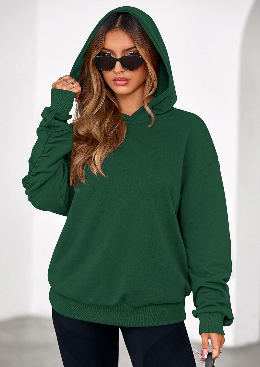 imagePRETTYGARDEN Hoodies for Women Oversized Pullover Sweatshirts Ruched Long Sleeve Casual Tops Spring Fall Fashion Y2K ClothesDark Green