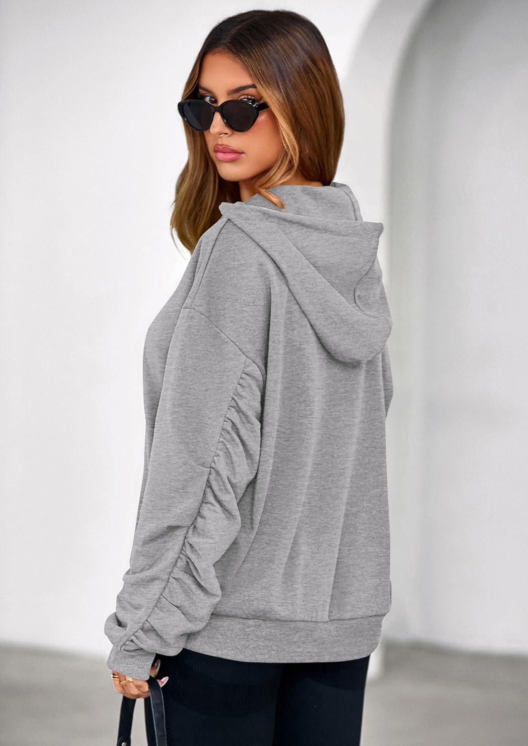 imagePRETTYGARDEN Hoodies for Women Oversized Pullover Sweatshirts Ruched Long Sleeve Casual Tops Spring Fall Fashion Y2K ClothesGrey