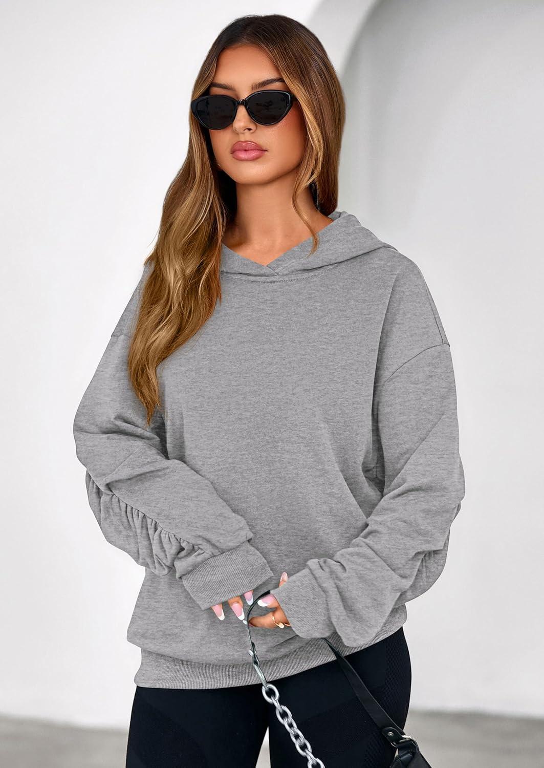 imagePRETTYGARDEN Hoodies for Women Oversized Pullover Sweatshirts Ruched Long Sleeve Casual Tops Spring Fall Fashion Y2K ClothesGrey