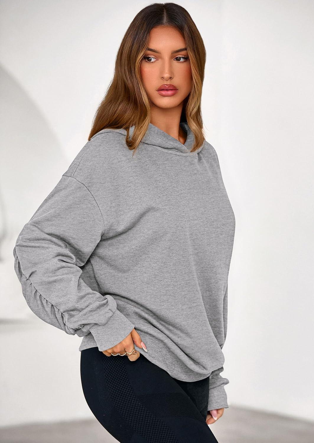 imagePRETTYGARDEN Hoodies for Women Oversized Pullover Sweatshirts Ruched Long Sleeve Casual Tops Spring Fall Fashion Y2K ClothesGrey