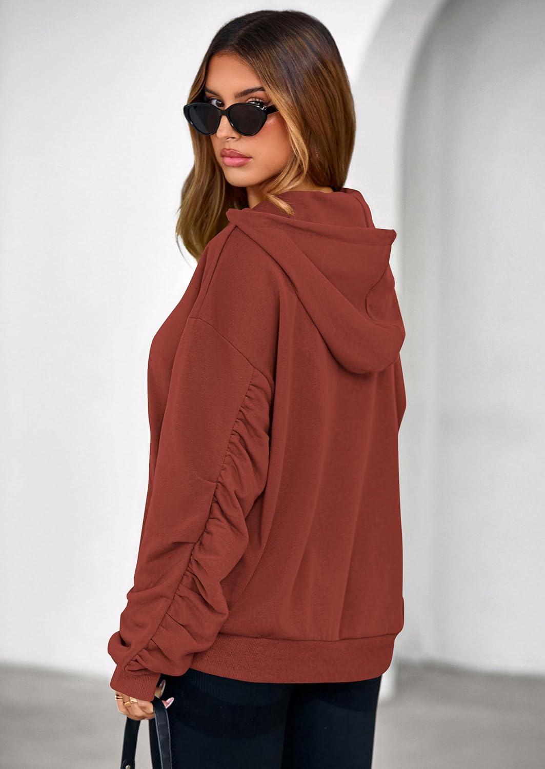 imagePRETTYGARDEN Hoodies for Women Oversized Pullover Sweatshirts Ruched Long Sleeve Casual Tops Spring Fall Fashion Y2K ClothesRust