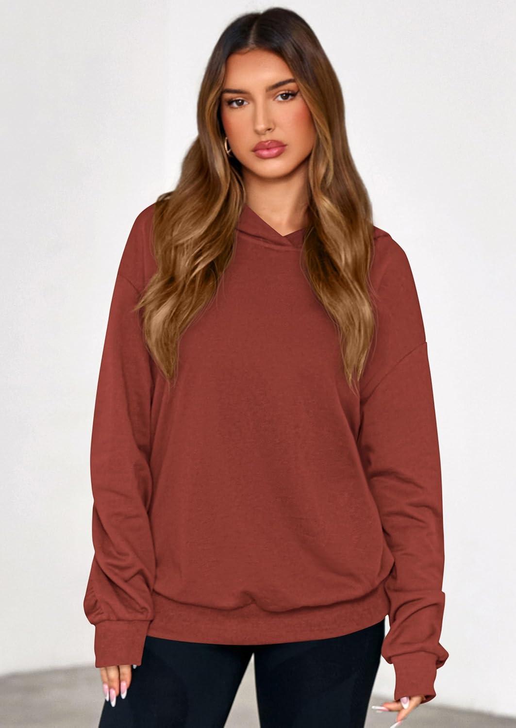 imagePRETTYGARDEN Hoodies for Women Oversized Pullover Sweatshirts Ruched Long Sleeve Casual Tops Spring Fall Fashion Y2K ClothesRust