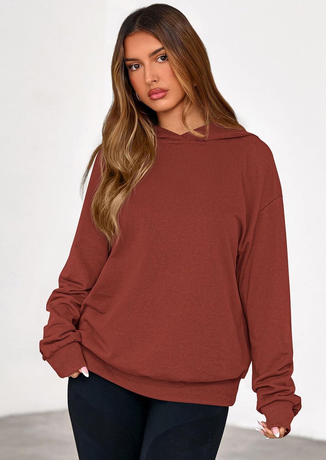 imagePRETTYGARDEN Hoodies for Women Oversized Pullover Sweatshirts Ruched Long Sleeve Casual Tops Spring Fall Fashion Y2K ClothesRust