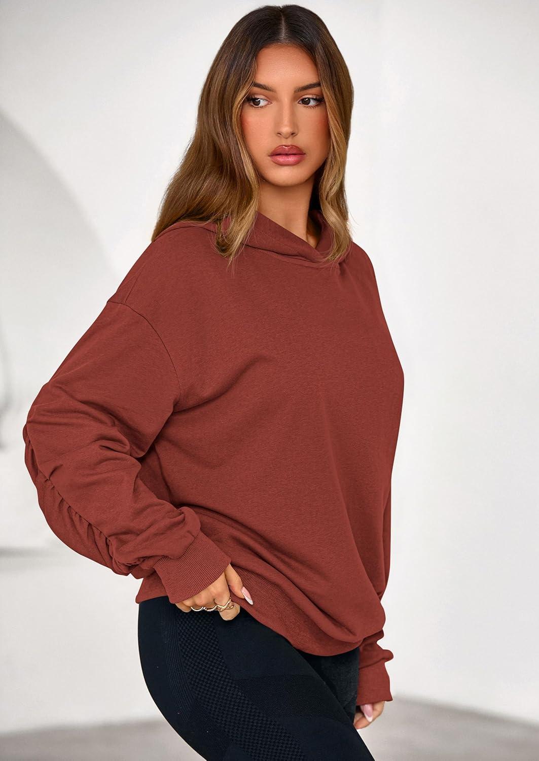 imagePRETTYGARDEN Hoodies for Women Oversized Pullover Sweatshirts Ruched Long Sleeve Casual Tops Spring Fall Fashion Y2K ClothesRust