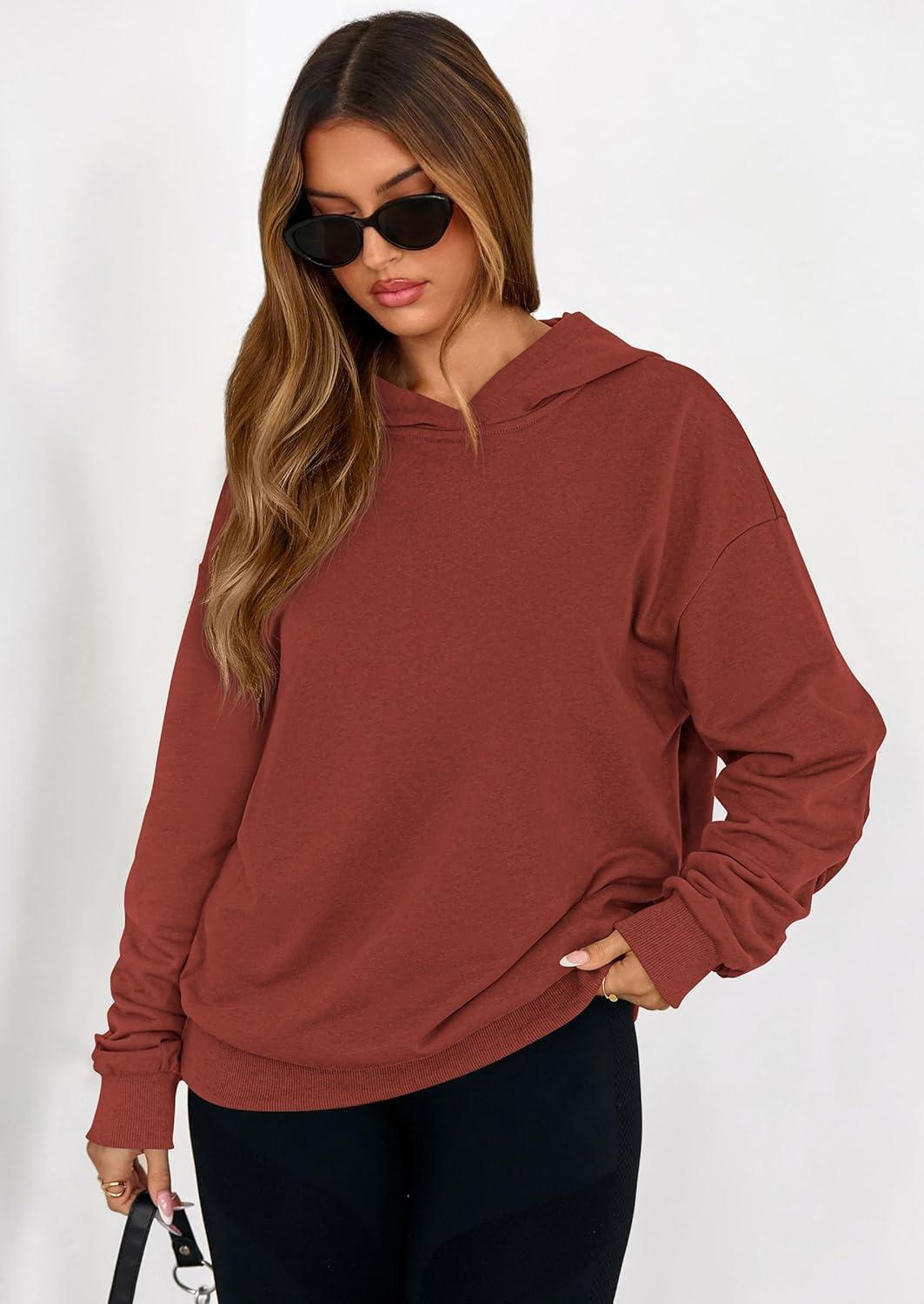 imagePRETTYGARDEN Hoodies for Women Oversized Pullover Sweatshirts Ruched Long Sleeve Casual Tops Spring Fall Fashion Y2K ClothesRust