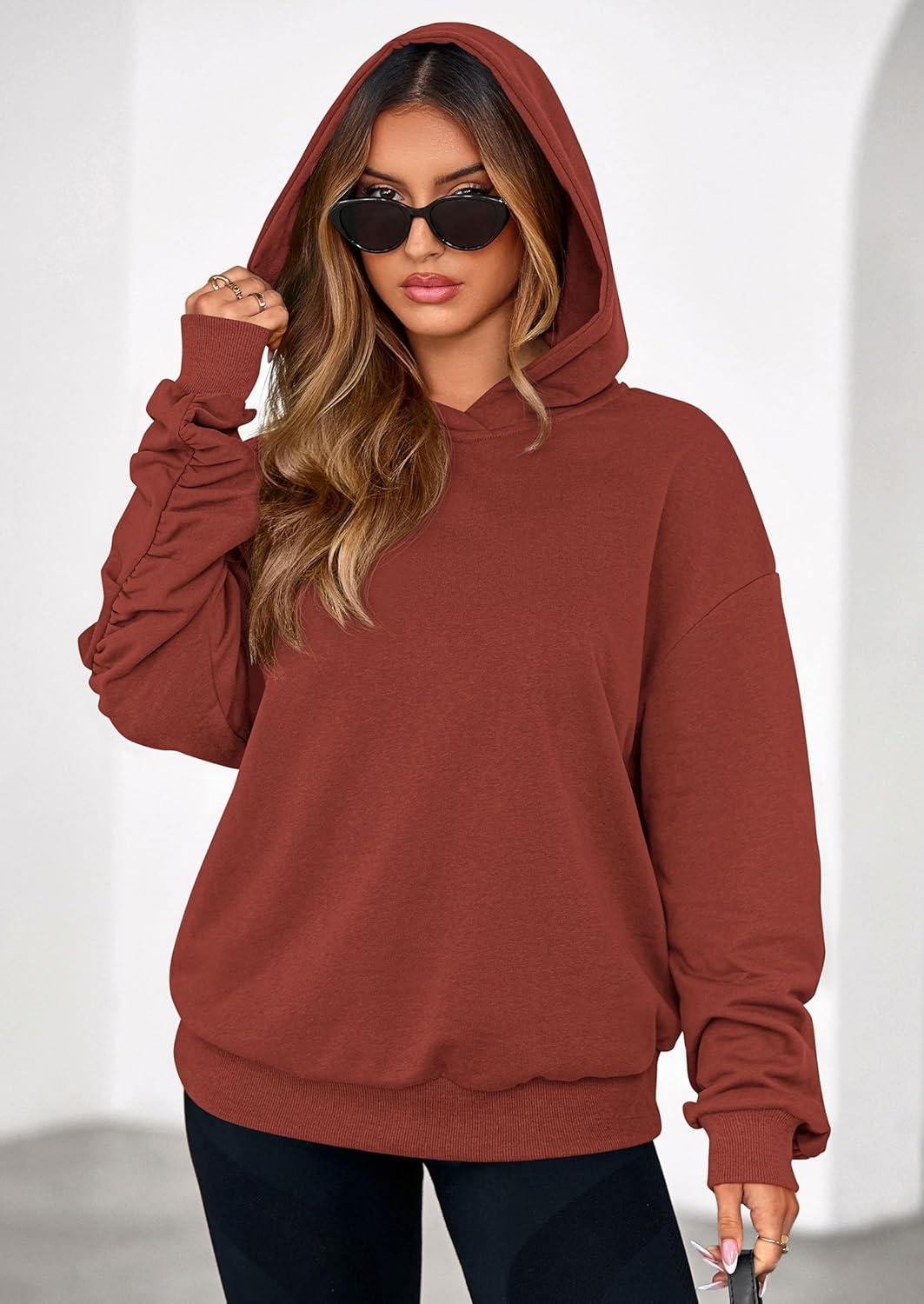 imagePRETTYGARDEN Hoodies for Women Oversized Pullover Sweatshirts Ruched Long Sleeve Casual Tops Spring Fall Fashion Y2K ClothesRust