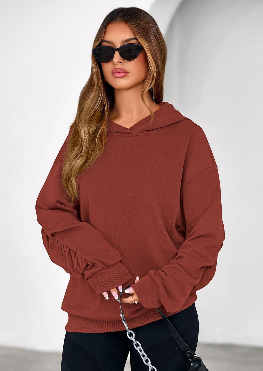 imagePRETTYGARDEN Hoodies for Women Oversized Pullover Sweatshirts Ruched Long Sleeve Casual Tops Spring Fall Fashion Y2K ClothesRust