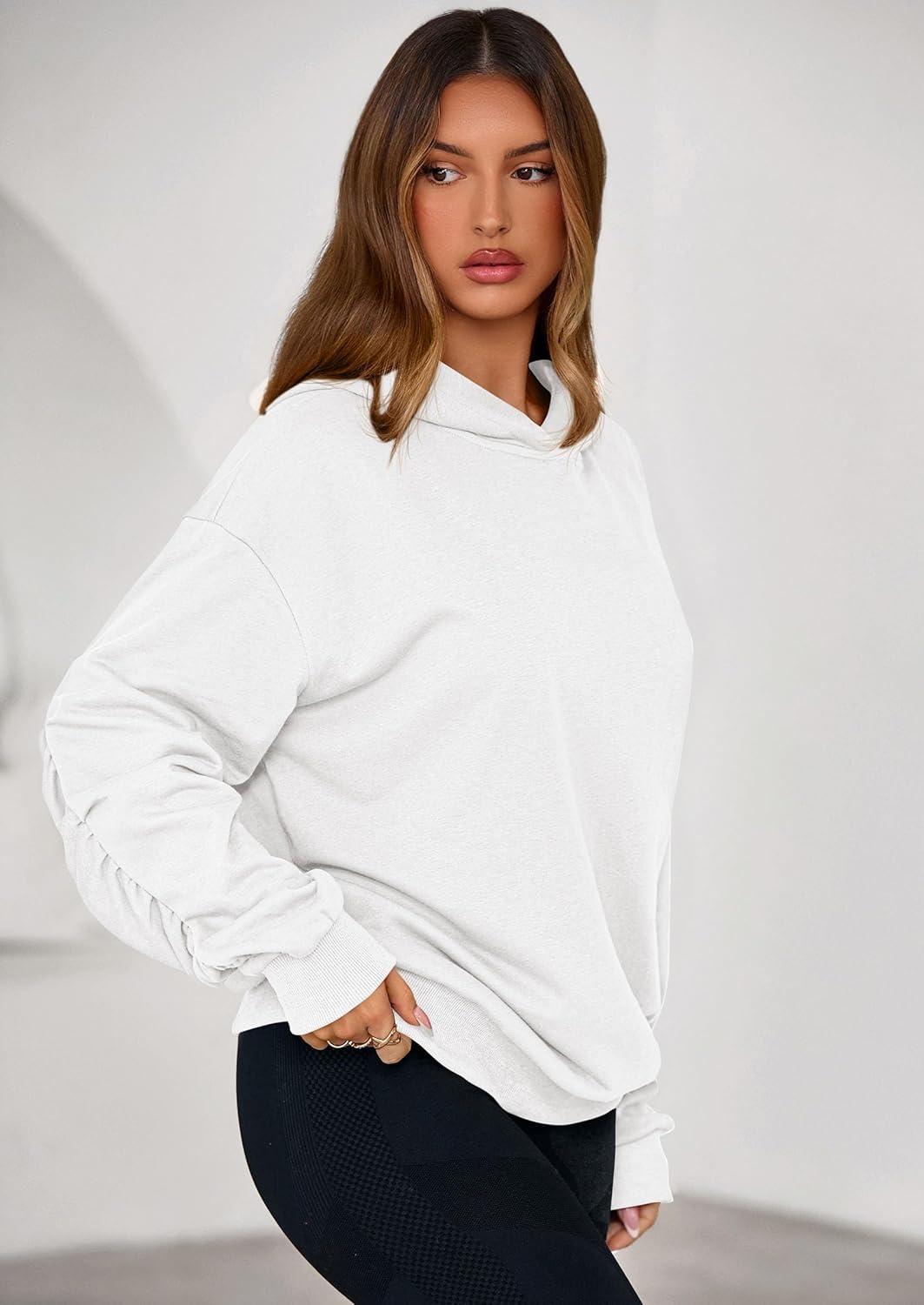 imagePRETTYGARDEN Hoodies for Women Oversized Pullover Sweatshirts Ruched Long Sleeve Casual Tops Spring Fall Fashion Y2K ClothesWhite