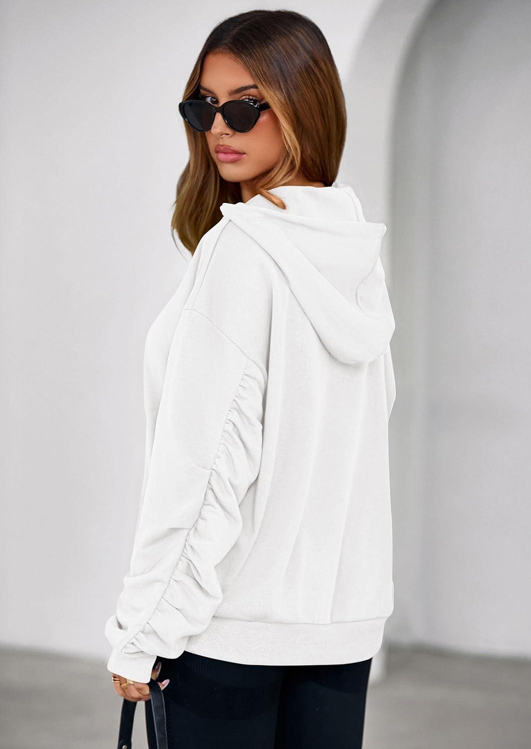 imagePRETTYGARDEN Hoodies for Women Oversized Pullover Sweatshirts Ruched Long Sleeve Casual Tops Spring Fall Fashion Y2K ClothesWhite