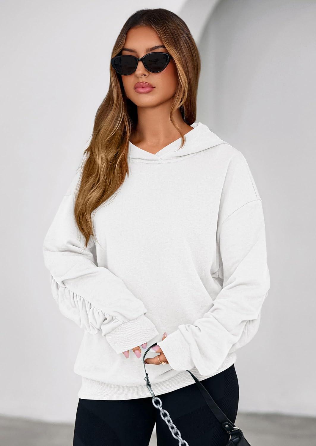 imagePRETTYGARDEN Hoodies for Women Oversized Pullover Sweatshirts Ruched Long Sleeve Casual Tops Spring Fall Fashion Y2K ClothesWhite