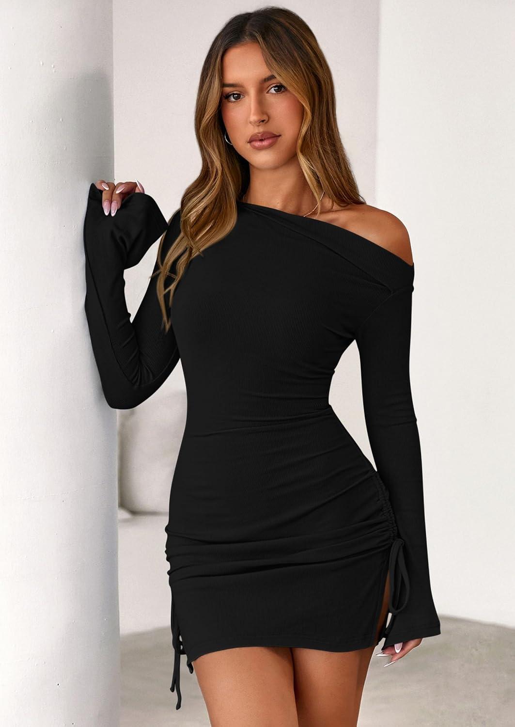 imagePRETTYGARDEN Long Sleeve Dress for Women 2026 Fall Off The Shoulder Cocktail Party Spring Mini Ruched Bodycon DressesBlack