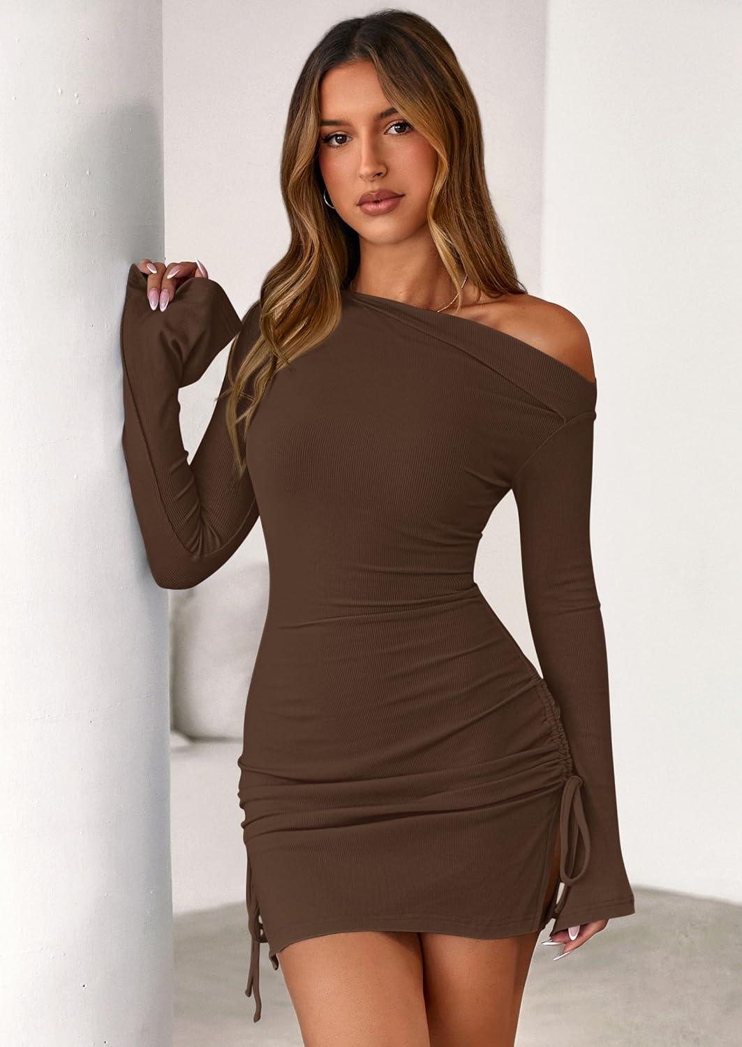 imagePRETTYGARDEN Long Sleeve Dress for Women 2026 Fall Off The Shoulder Cocktail Party Spring Mini Ruched Bodycon DressesBrown