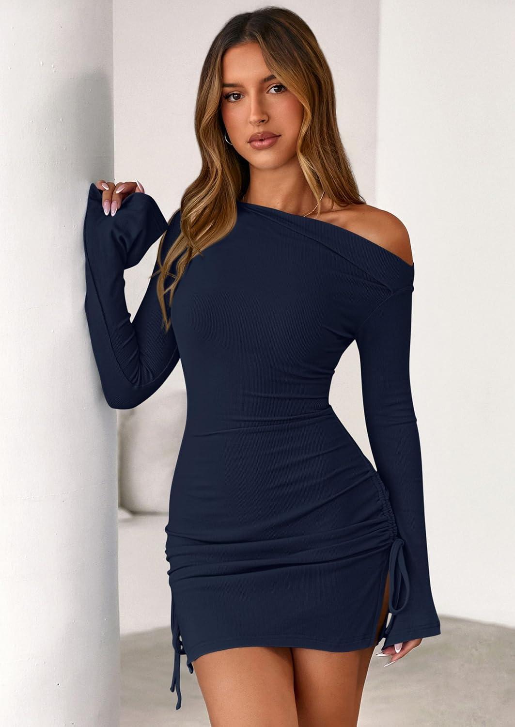 imagePRETTYGARDEN Long Sleeve Dress for Women 2026 Fall Off The Shoulder Cocktail Party Spring Mini Ruched Bodycon DressesNavy Blue
