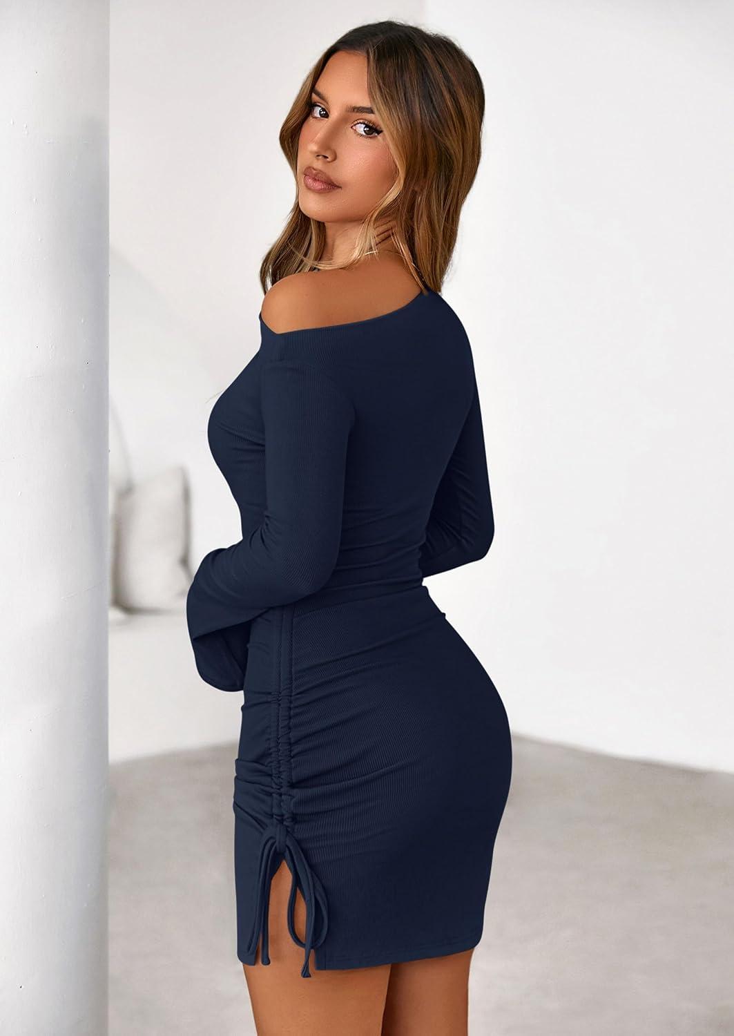 imagePRETTYGARDEN Long Sleeve Dress for Women 2026 Fall Off The Shoulder Cocktail Party Spring Mini Ruched Bodycon DressesNavy Blue