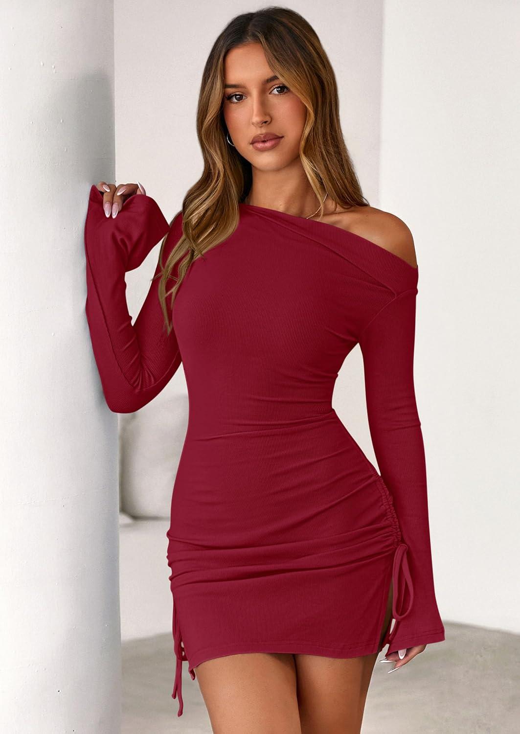 imagePRETTYGARDEN Long Sleeve Dress for Women 2026 Fall Off The Shoulder Cocktail Party Spring Mini Ruched Bodycon DressesRed