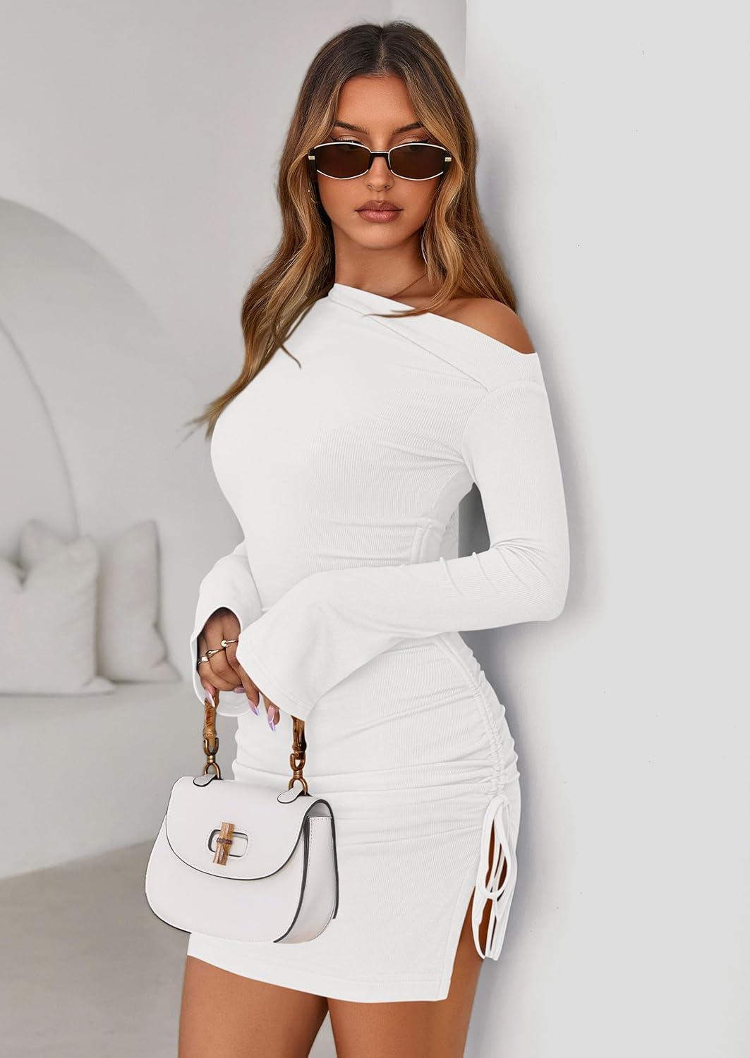 imagePRETTYGARDEN Long Sleeve Dress for Women 2026 Fall Off The Shoulder Cocktail Party Spring Mini Ruched Bodycon DressesWhite