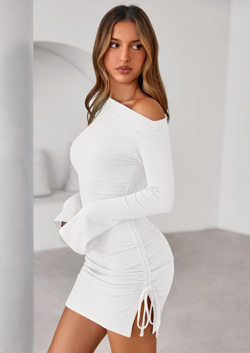 imagePRETTYGARDEN Long Sleeve Dress for Women 2026 Fall Off The Shoulder Cocktail Party Spring Mini Ruched Bodycon DressesWhite
