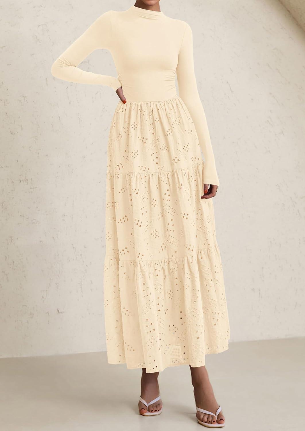 imagePRETTYGARDEN Long Sleeve Maxi Dress for Women 2026 Fall Eyelet A Line Elegant Classy Flowy Mock Neck Spring Vacation DressesBeige