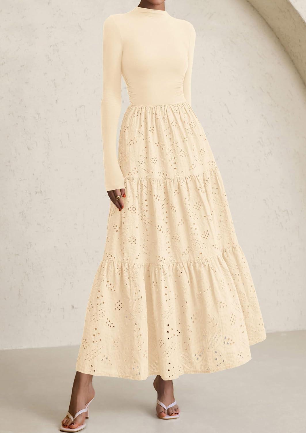 imagePRETTYGARDEN Long Sleeve Maxi Dress for Women 2026 Fall Eyelet A Line Elegant Classy Flowy Mock Neck Spring Vacation DressesBeige