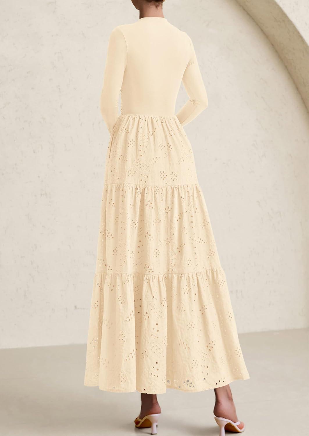 imagePRETTYGARDEN Long Sleeve Maxi Dress for Women 2026 Fall Eyelet A Line Elegant Classy Flowy Mock Neck Spring Vacation DressesBeige