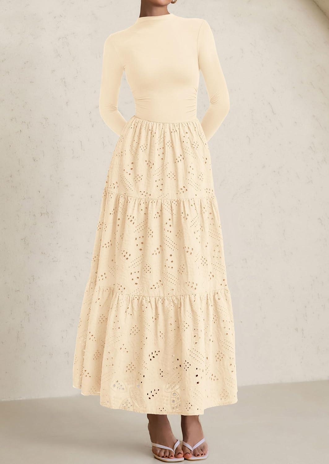 imagePRETTYGARDEN Long Sleeve Maxi Dress for Women 2026 Fall Eyelet A Line Elegant Classy Flowy Mock Neck Spring Vacation DressesBeige