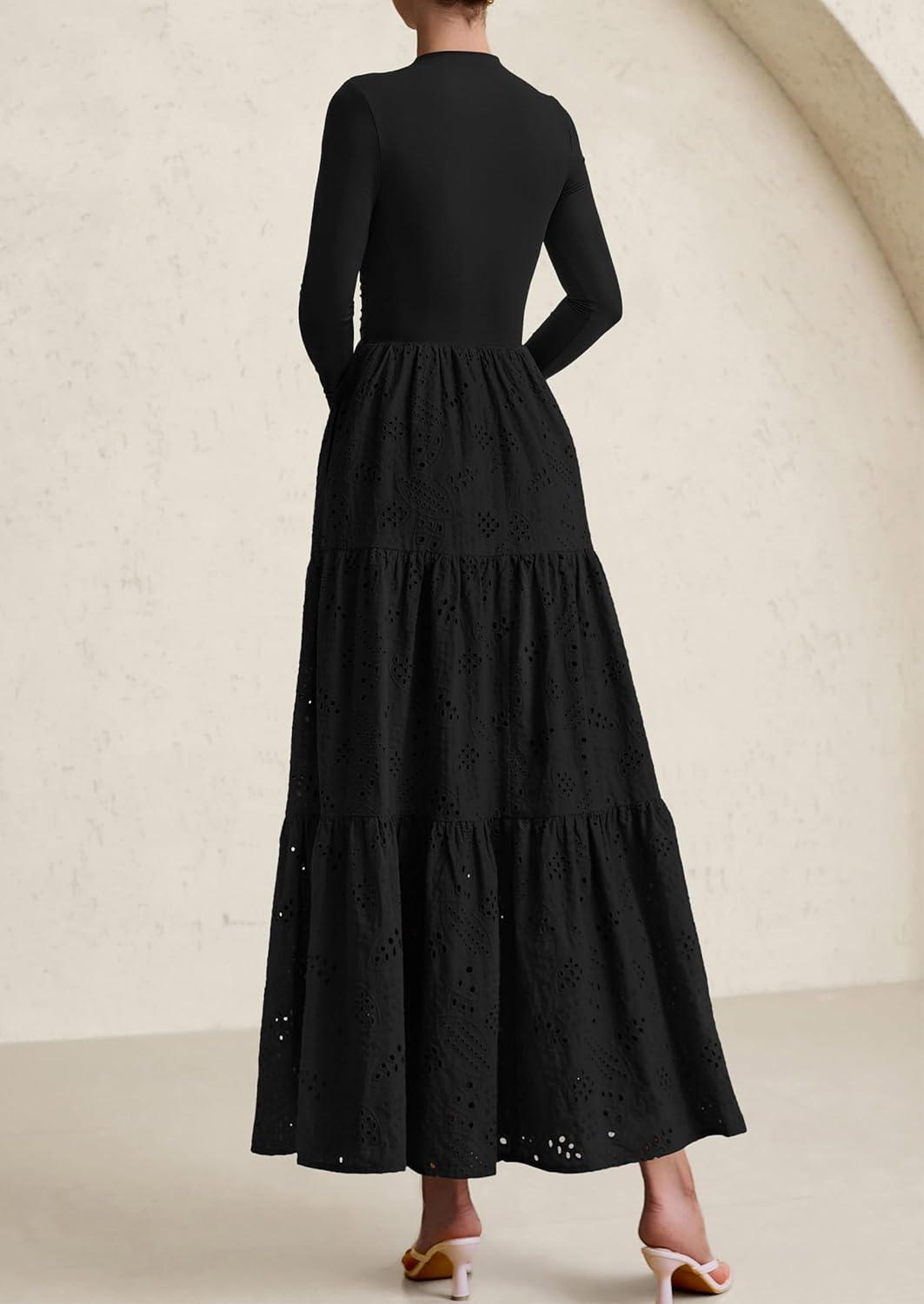 imagePRETTYGARDEN Long Sleeve Maxi Dress for Women 2026 Fall Eyelet A Line Elegant Classy Flowy Mock Neck Spring Vacation DressesBlack