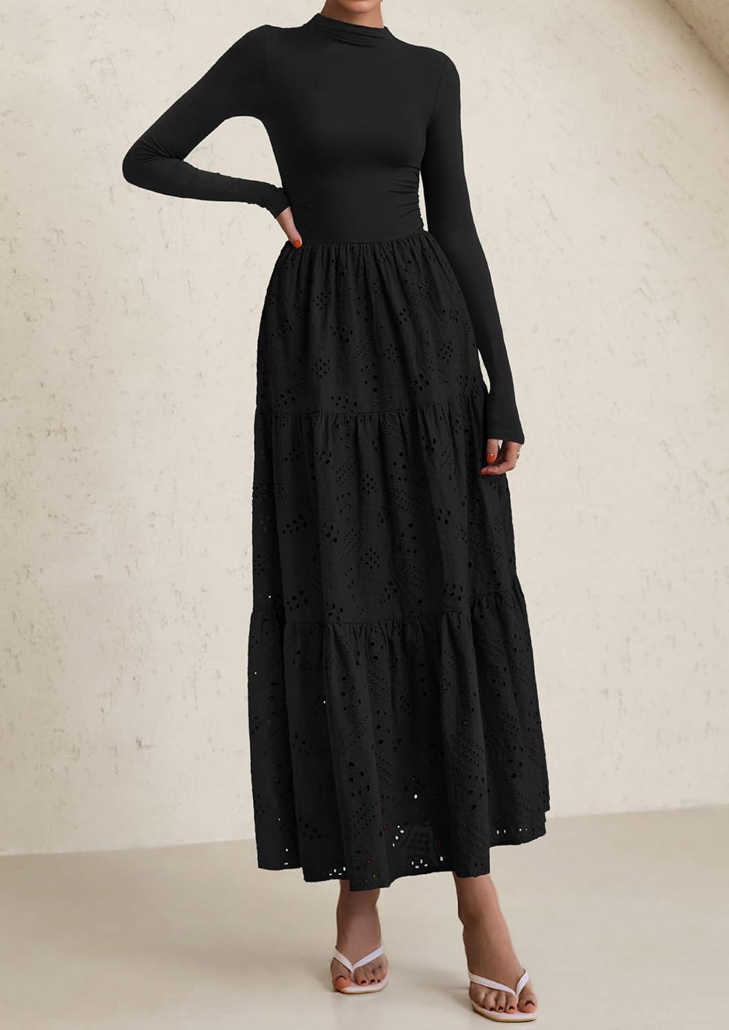 imagePRETTYGARDEN Long Sleeve Maxi Dress for Women 2026 Fall Eyelet A Line Elegant Classy Flowy Mock Neck Spring Vacation DressesBlack
