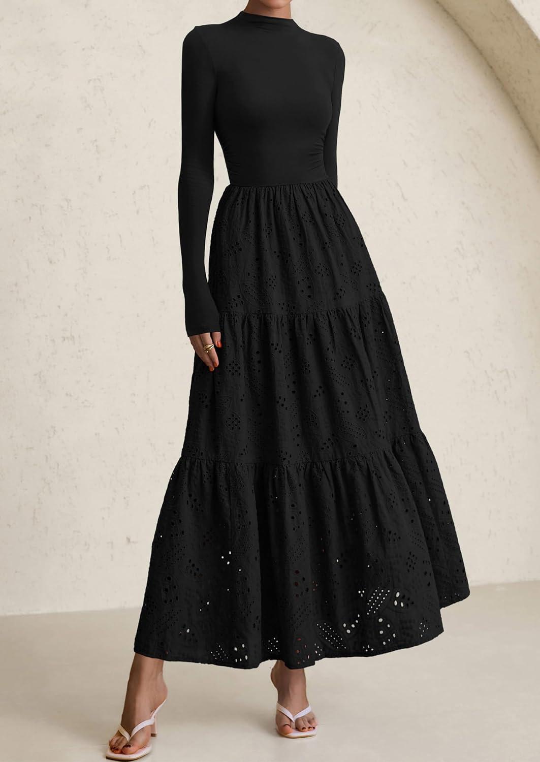 imagePRETTYGARDEN Long Sleeve Maxi Dress for Women 2026 Fall Eyelet A Line Elegant Classy Flowy Mock Neck Spring Vacation DressesBlack