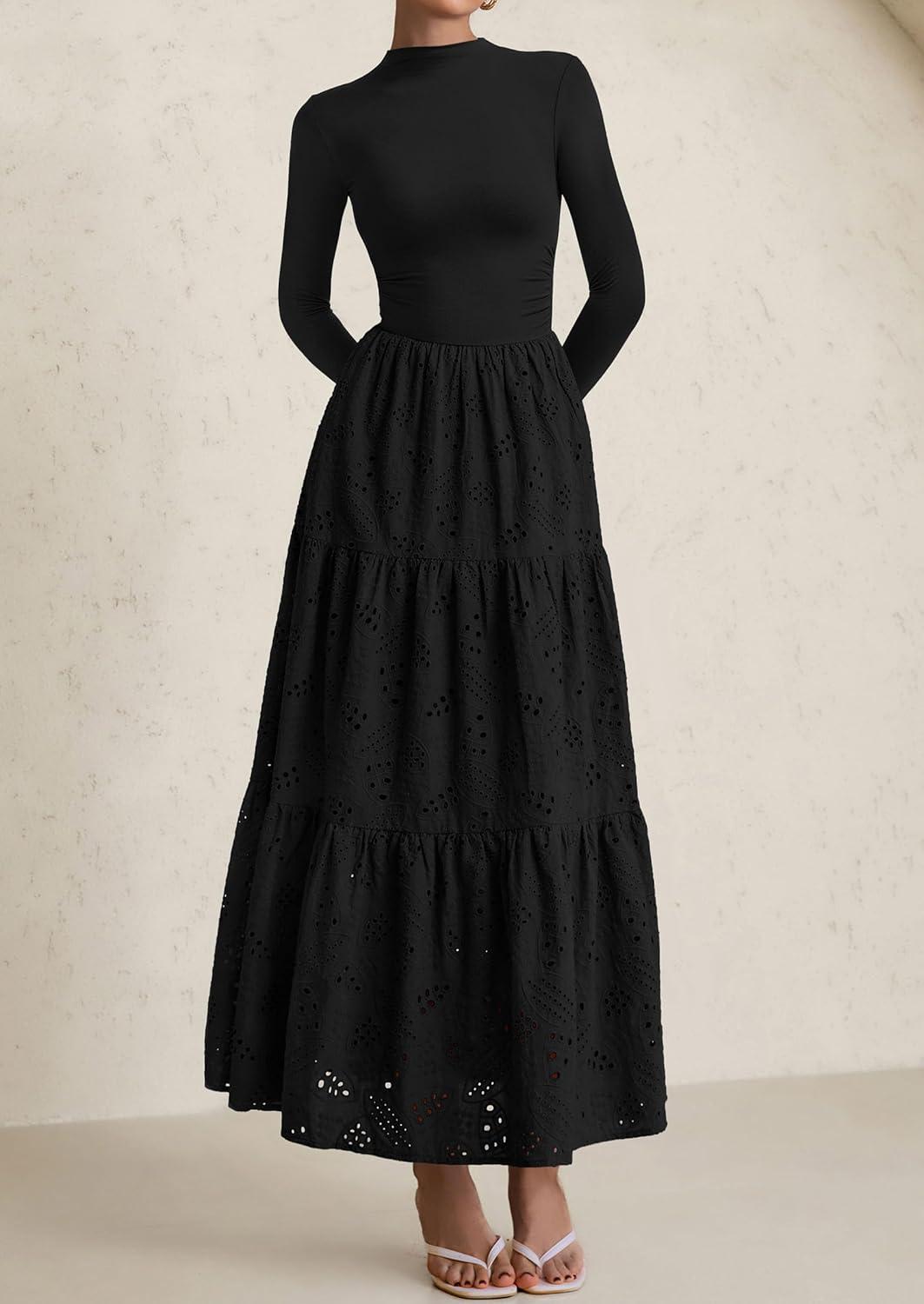 imagePRETTYGARDEN Long Sleeve Maxi Dress for Women 2026 Fall Eyelet A Line Elegant Classy Flowy Mock Neck Spring Vacation DressesBlack
