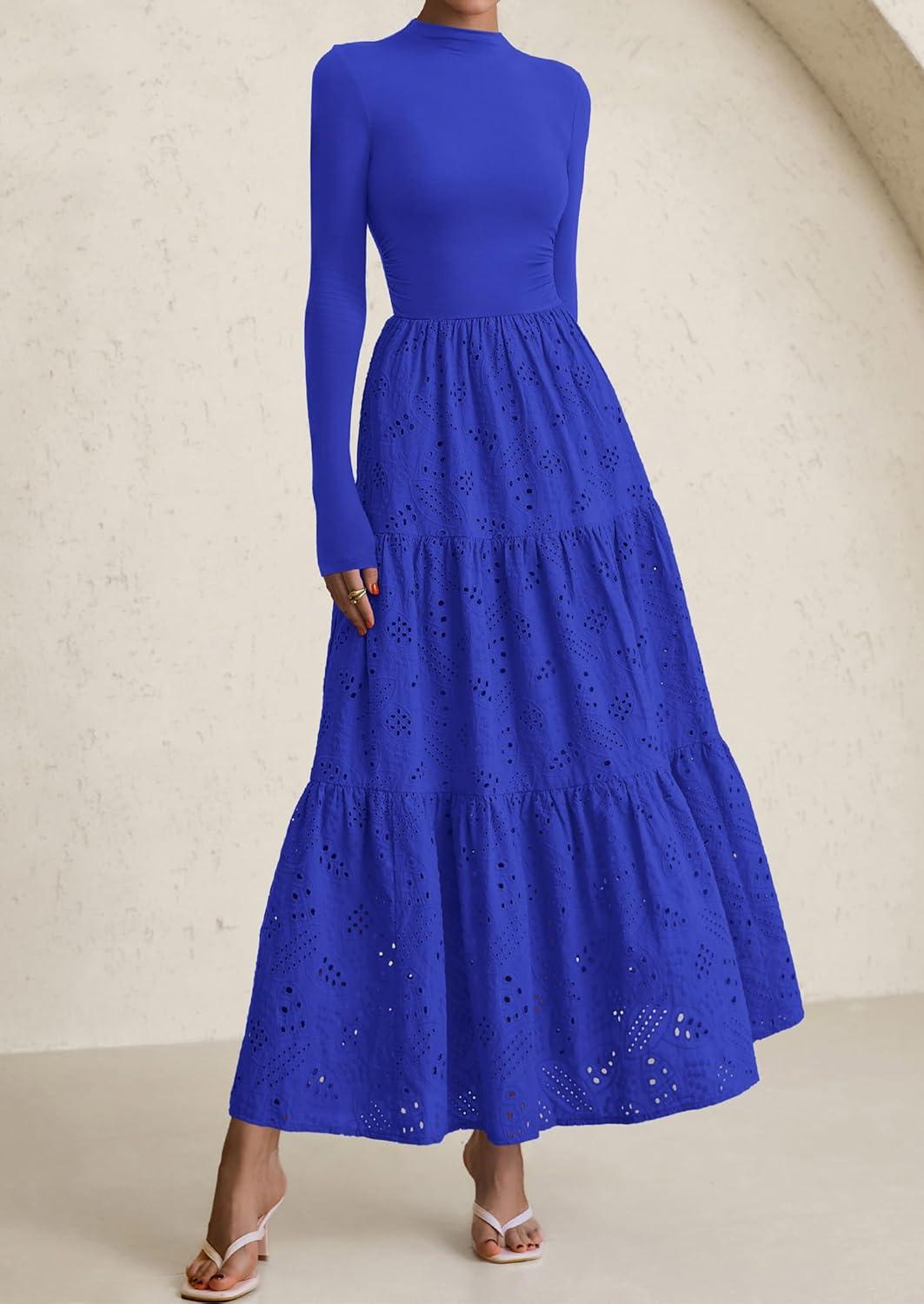imagePRETTYGARDEN Long Sleeve Maxi Dress for Women 2026 Fall Eyelet A Line Elegant Classy Flowy Mock Neck Spring Vacation DressesRoyal Blue