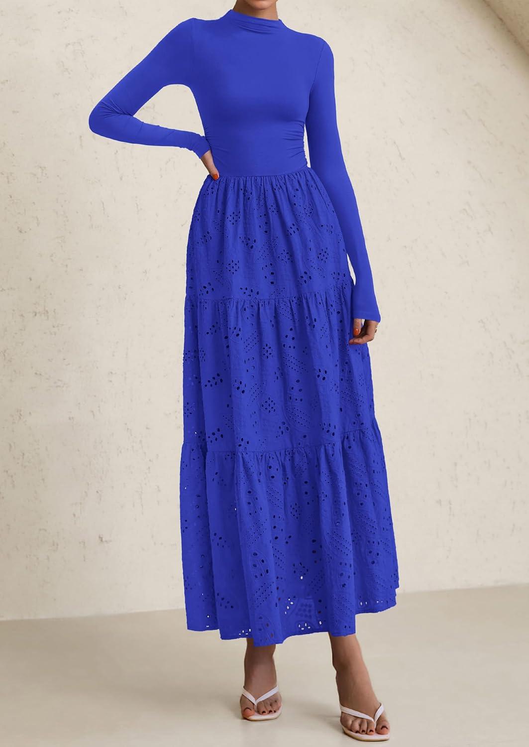 imagePRETTYGARDEN Long Sleeve Maxi Dress for Women 2026 Fall Eyelet A Line Elegant Classy Flowy Mock Neck Spring Vacation DressesRoyal Blue