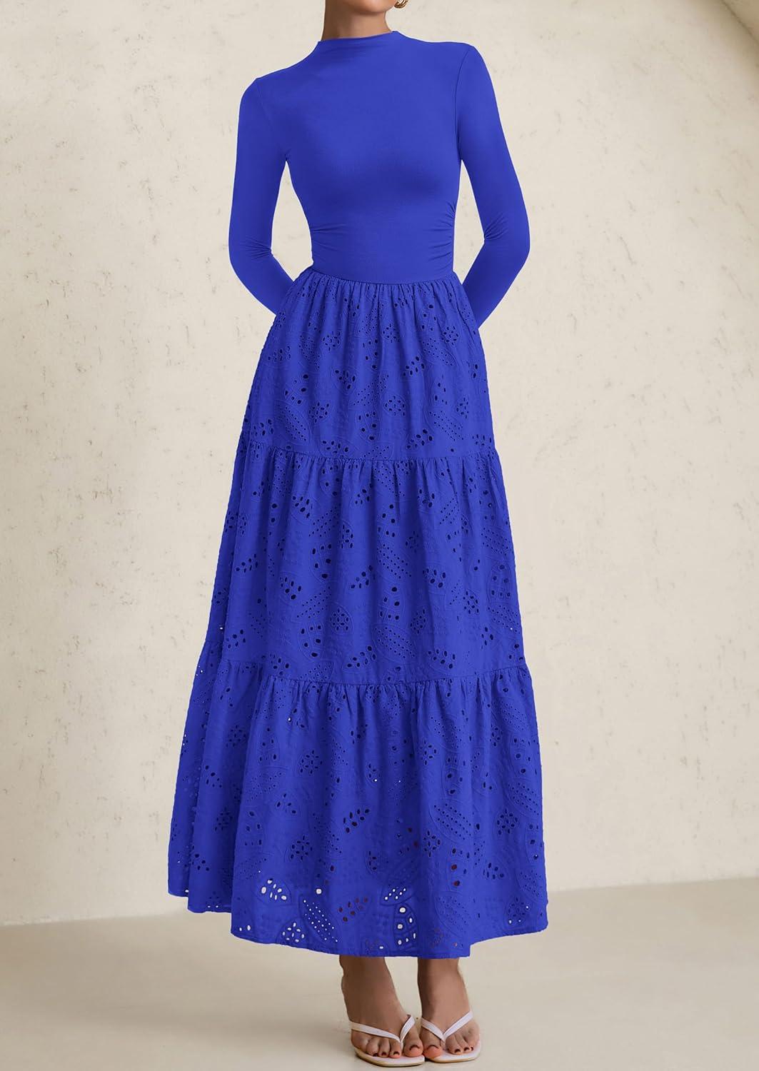 imagePRETTYGARDEN Long Sleeve Maxi Dress for Women 2026 Fall Eyelet A Line Elegant Classy Flowy Mock Neck Spring Vacation DressesRoyal Blue
