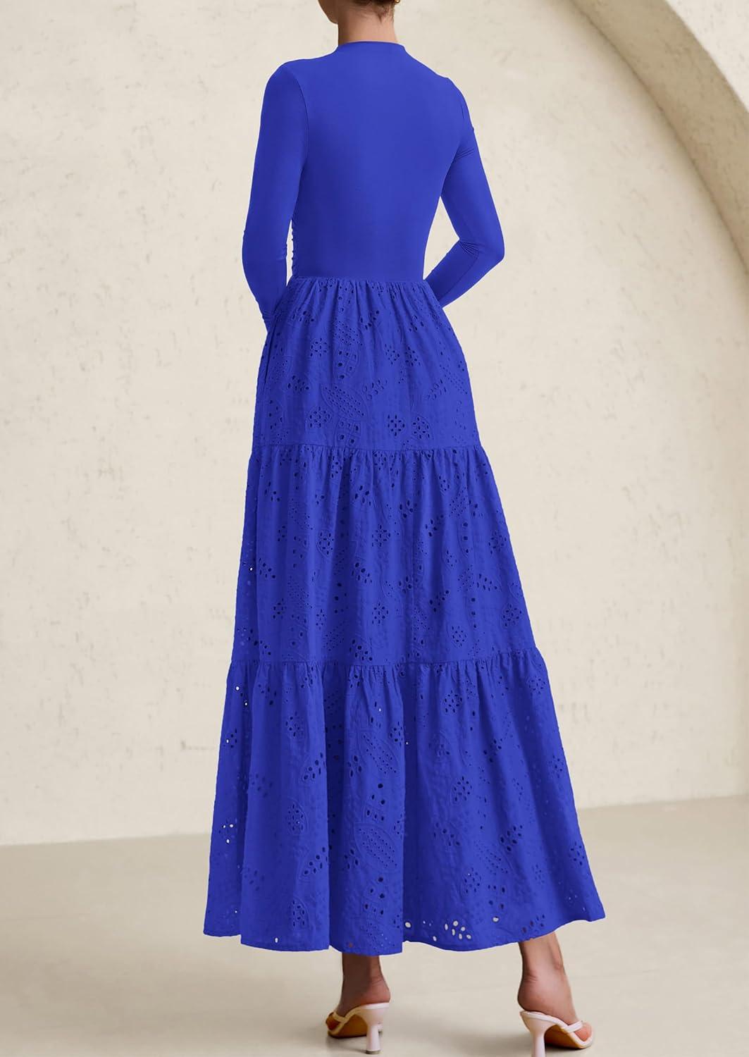 imagePRETTYGARDEN Long Sleeve Maxi Dress for Women 2026 Fall Eyelet A Line Elegant Classy Flowy Mock Neck Spring Vacation DressesRoyal Blue