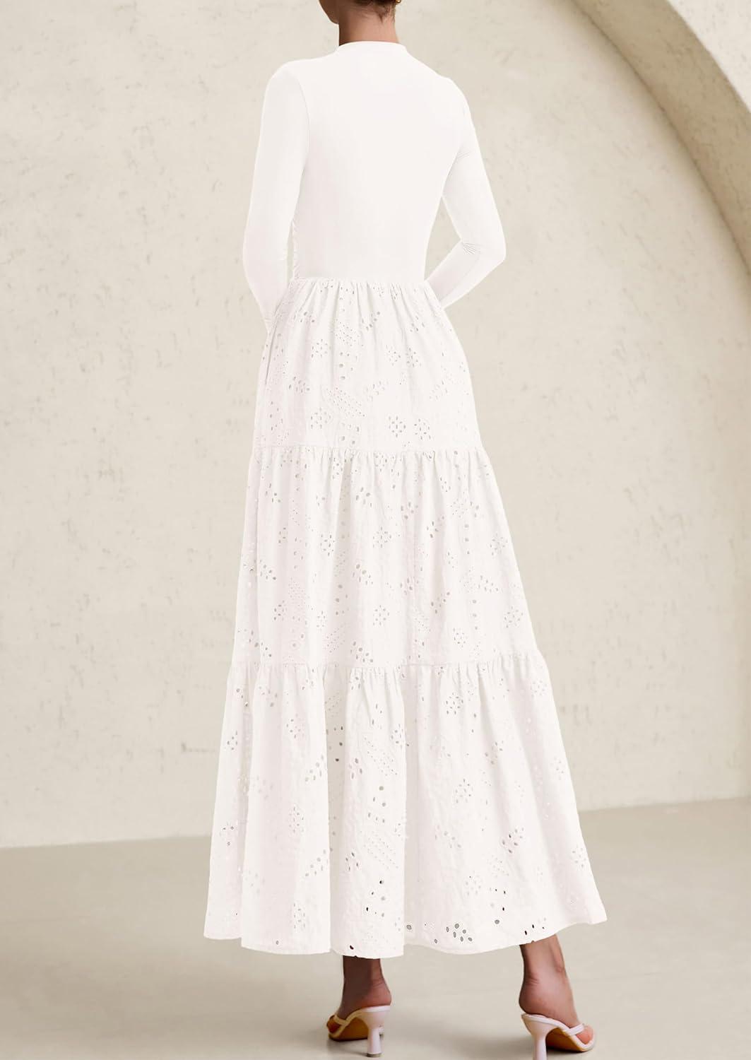 imagePRETTYGARDEN Long Sleeve Maxi Dress for Women 2026 Fall Eyelet A Line Elegant Classy Flowy Mock Neck Spring Vacation DressesWhite