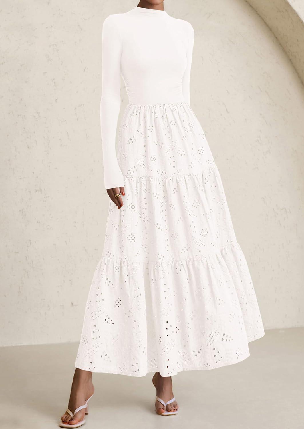 imagePRETTYGARDEN Long Sleeve Maxi Dress for Women 2026 Fall Eyelet A Line Elegant Classy Flowy Mock Neck Spring Vacation DressesWhite
