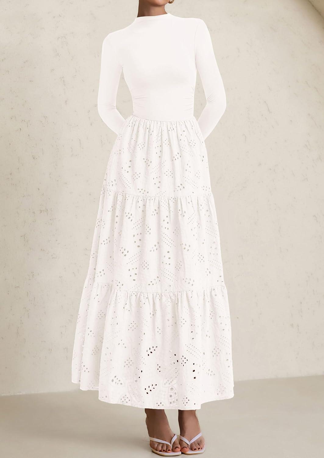 imagePRETTYGARDEN Long Sleeve Maxi Dress for Women 2026 Fall Eyelet A Line Elegant Classy Flowy Mock Neck Spring Vacation DressesWhite
