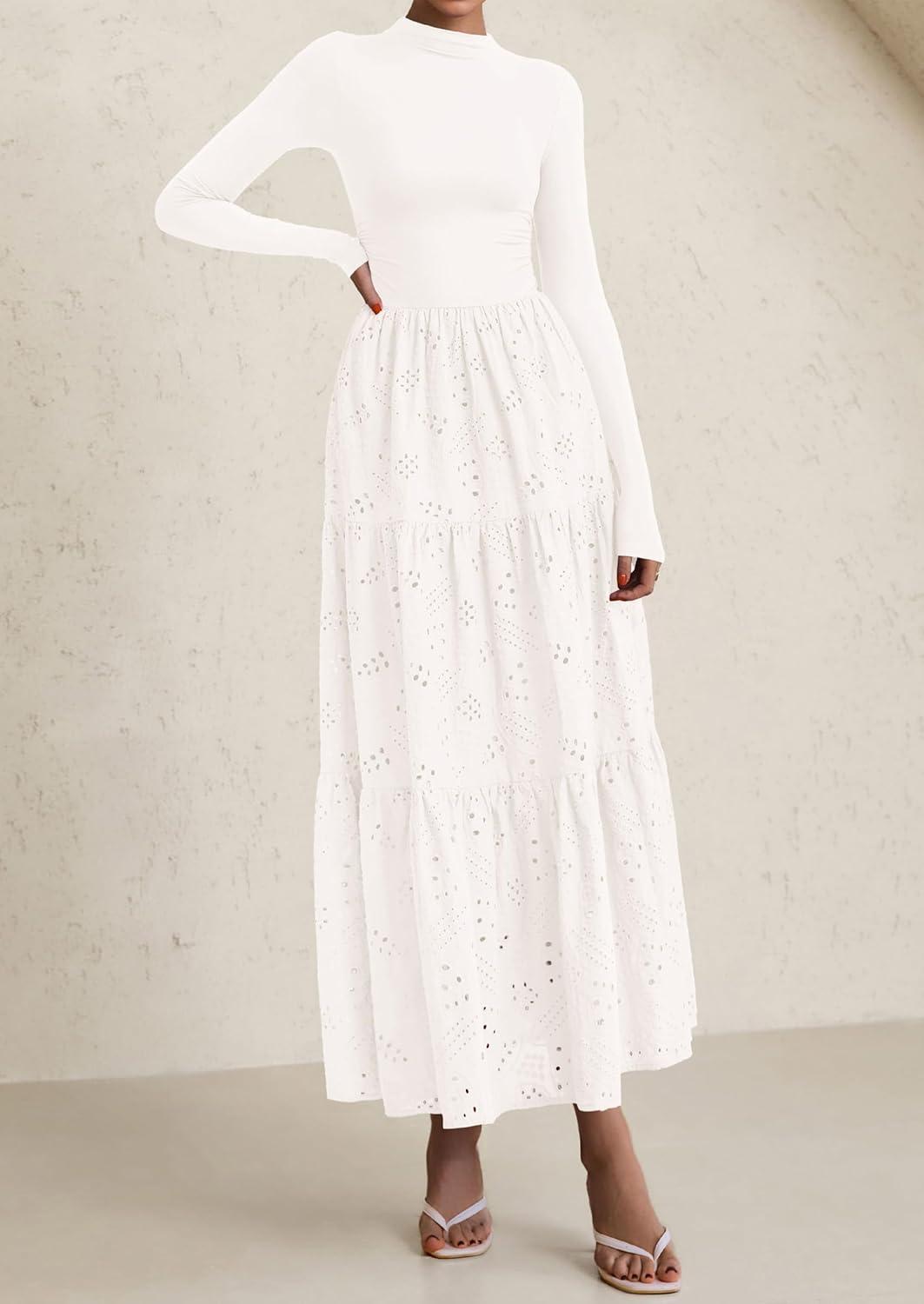 imagePRETTYGARDEN Long Sleeve Maxi Dress for Women 2026 Fall Eyelet A Line Elegant Classy Flowy Mock Neck Spring Vacation DressesWhite