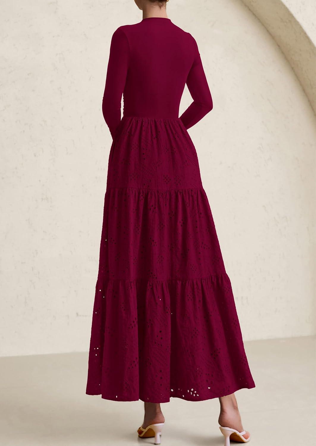 imagePRETTYGARDEN Long Sleeve Maxi Dress for Women 2026 Fall Eyelet A Line Elegant Classy Flowy Mock Neck Spring Vacation DressesWine Red