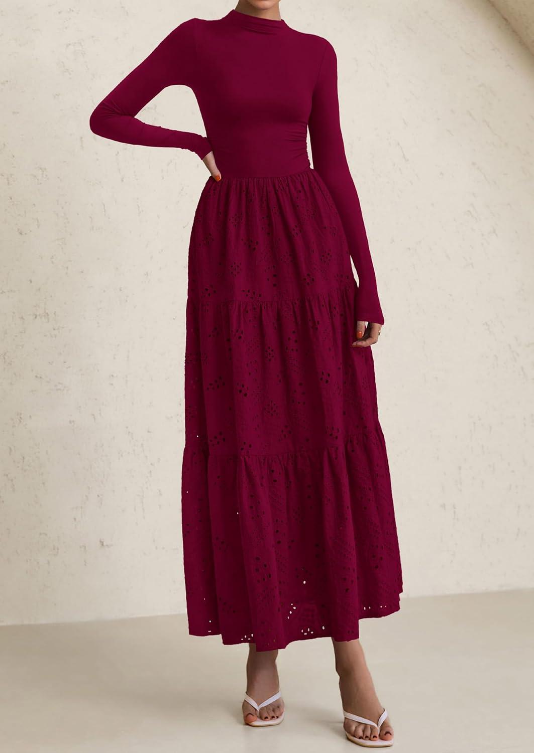 imagePRETTYGARDEN Long Sleeve Maxi Dress for Women 2026 Fall Eyelet A Line Elegant Classy Flowy Mock Neck Spring Vacation DressesWine Red
